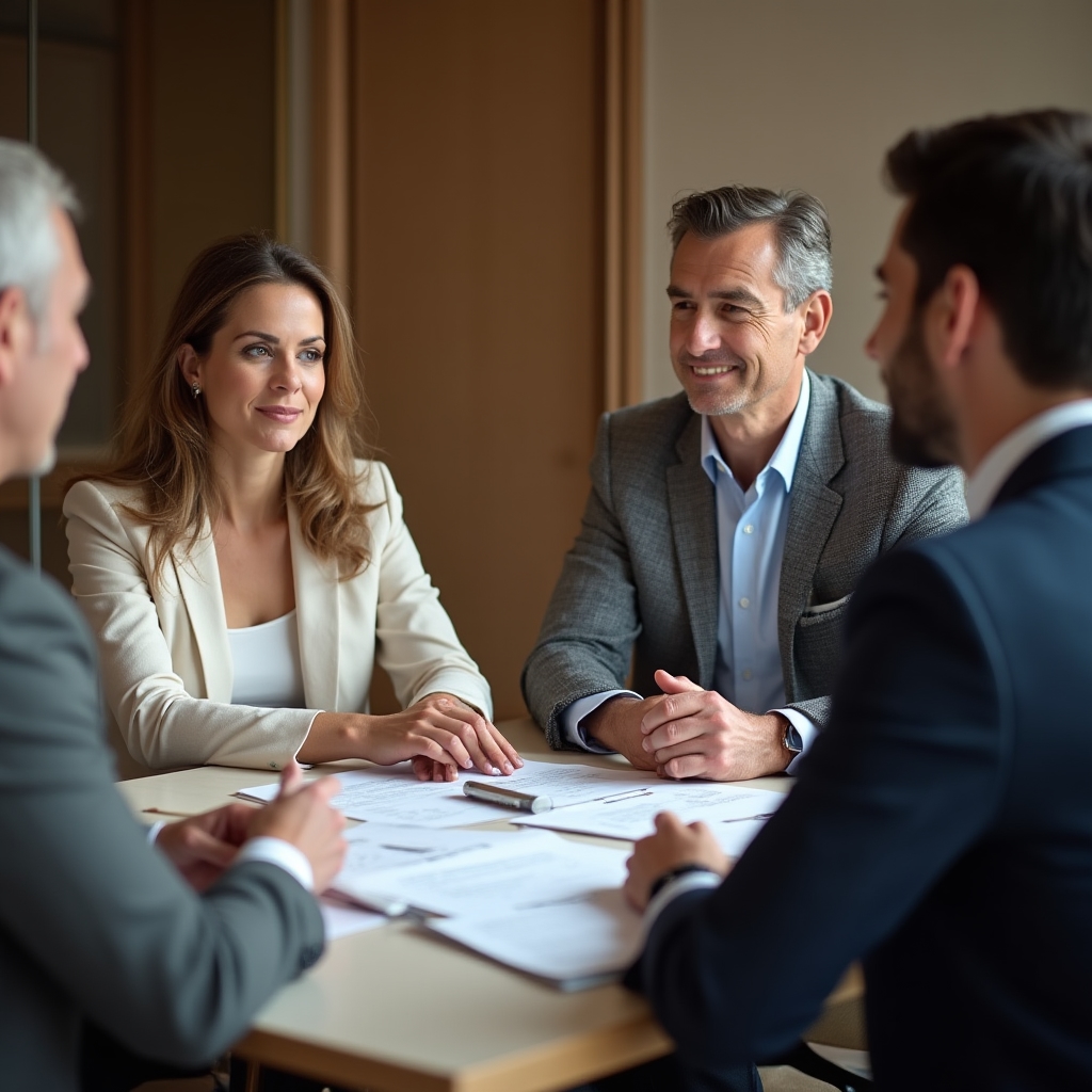Consultor de negocios discutiendo estructuras de compensación con el equipo directivo de una empresa familiar