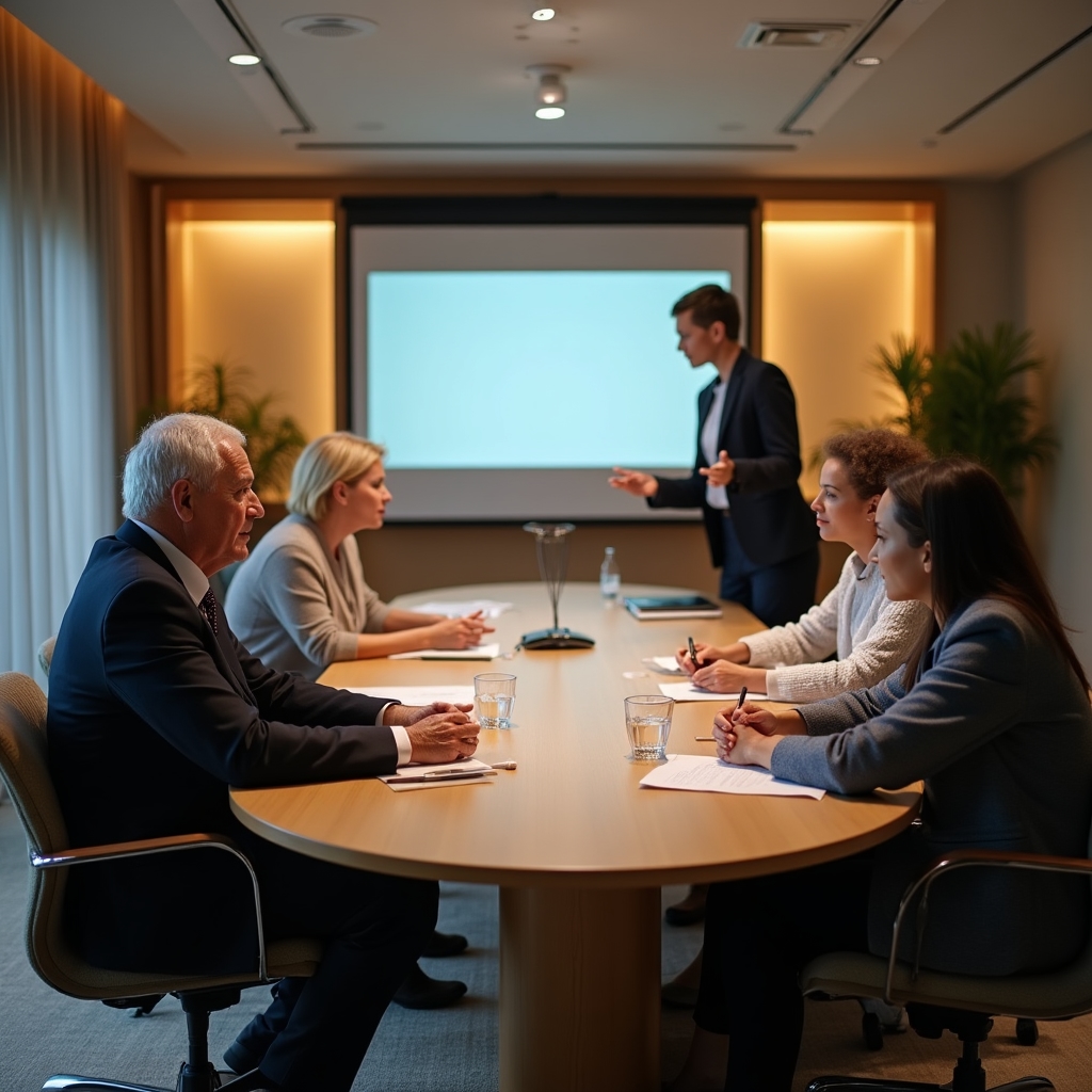 Family members in a structured financial discussion around a conference table