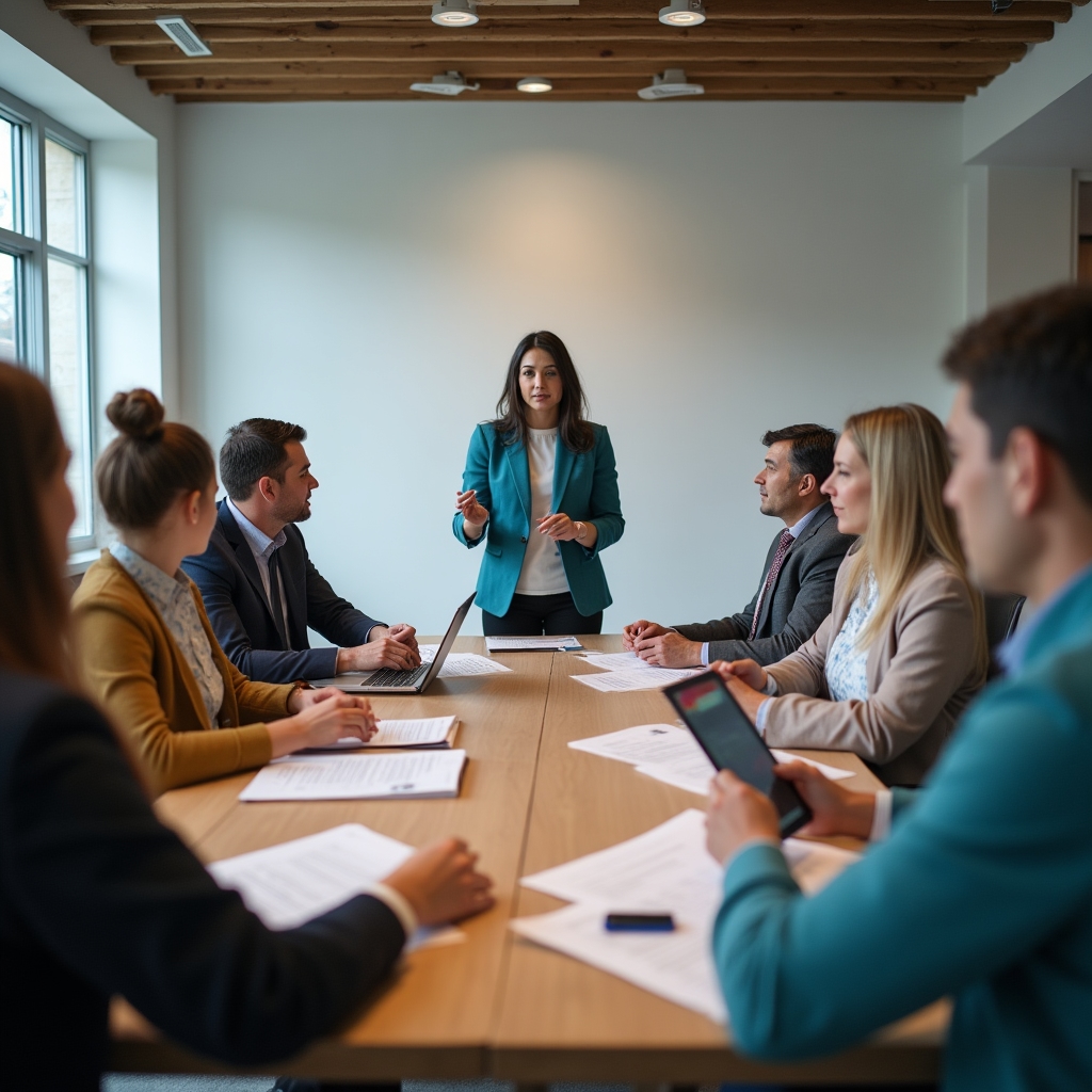 Taller de educación financiera con integrantes multigeneracionales de empresa familiar alrededor de una mesa grande