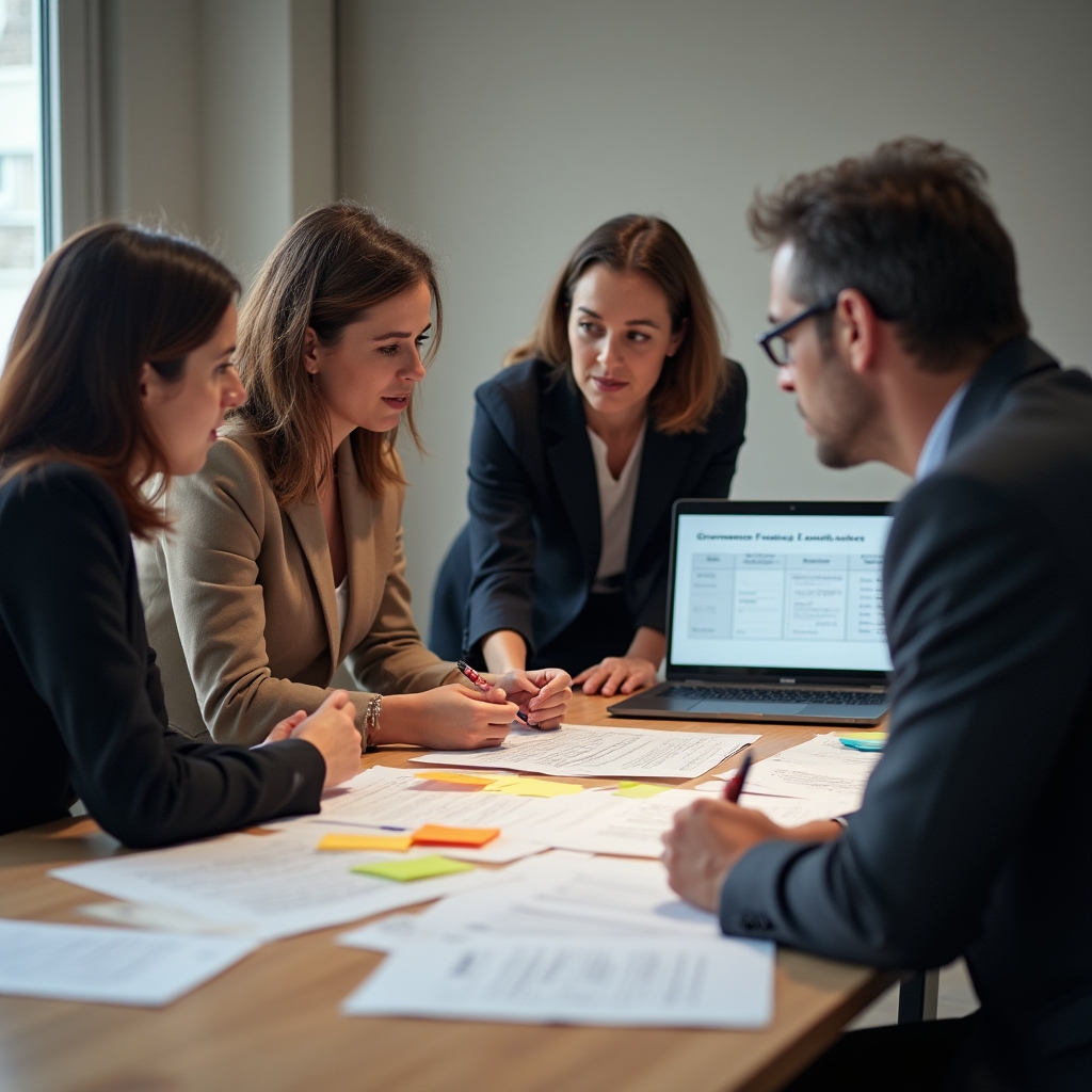 Consultores y propietarios de empresa familiar colaborando en un documento de protocolo de gobierno