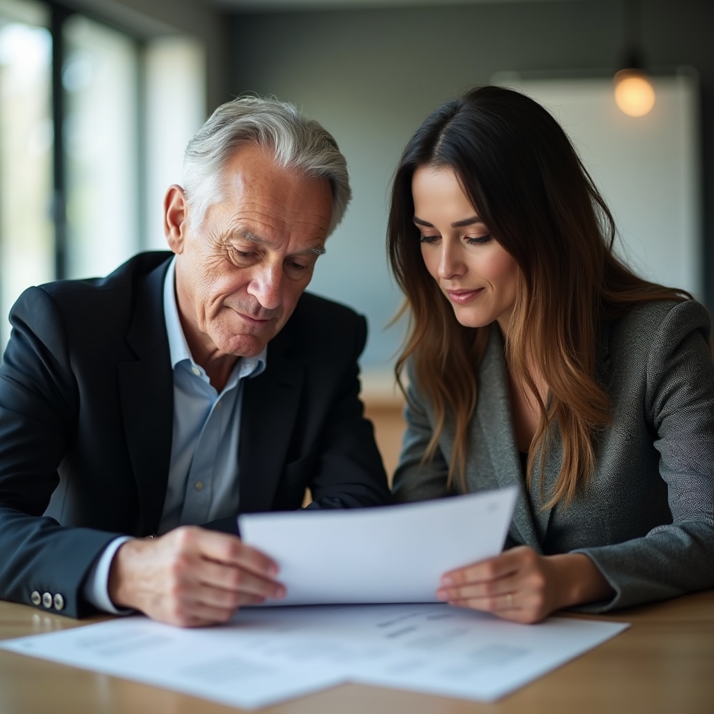 Two generations of family business leaders reviewing documents together in a professional setting