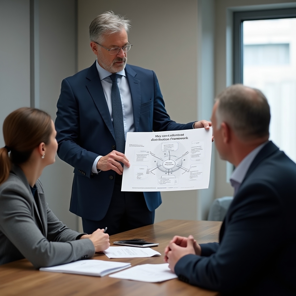 Asesores financieros presentando un marco de distribución de utilidades a accionistas familiares